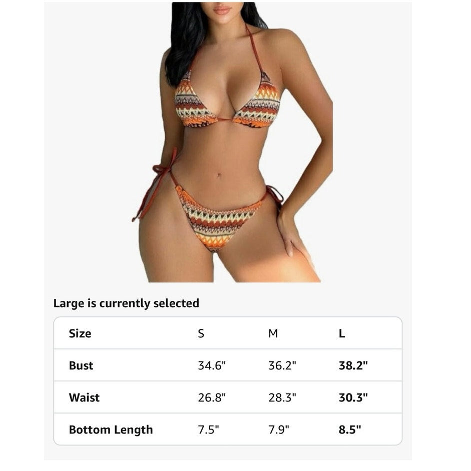 Women's Boho Geo Print Cute Bikini High Waisted Halter Tie Back Small