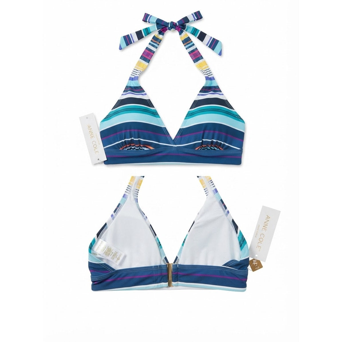 Anne Cole Striped Triangle Halter Tie with Clasp w/Padded Bra Size D